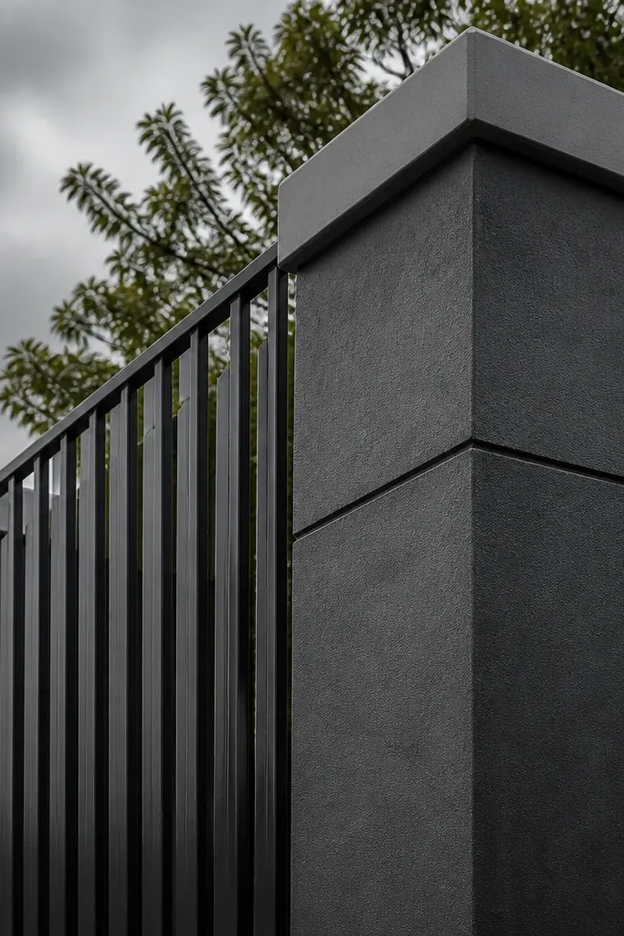 Smoked grey wall with vertical iron bar gate and capped pillars