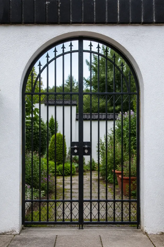 White wall with a black brick top band and an arched grill gate