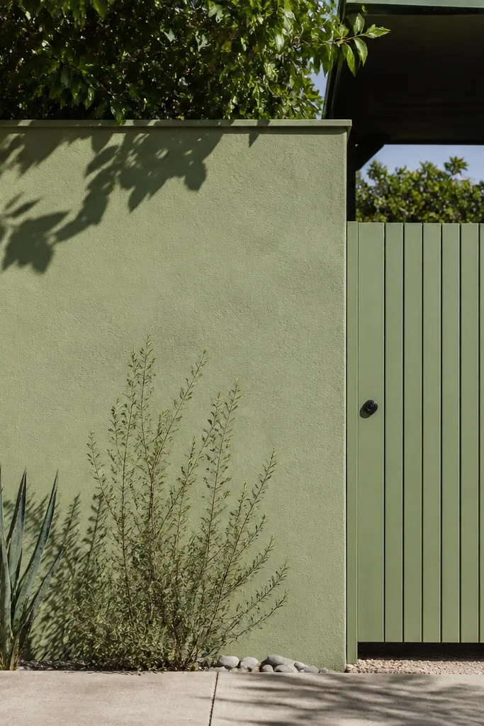 Tinted green wall with a matching vertical panel gate and simple pillars