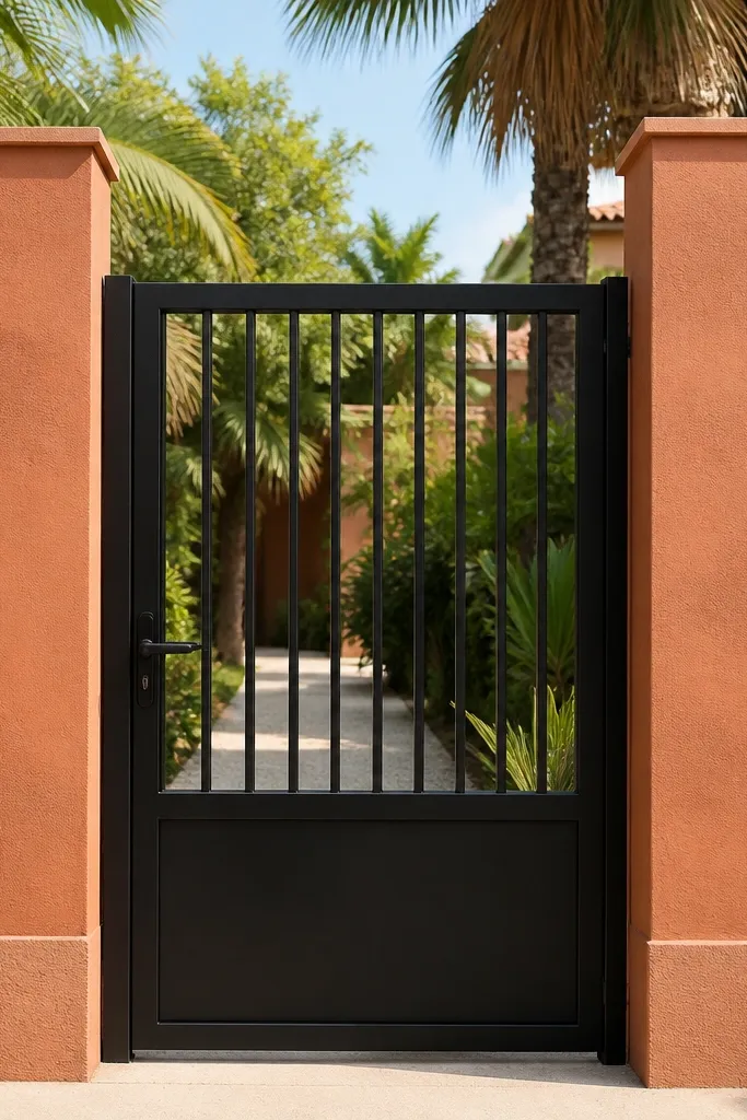 Terracotta pillars with white slats and a black metal gate