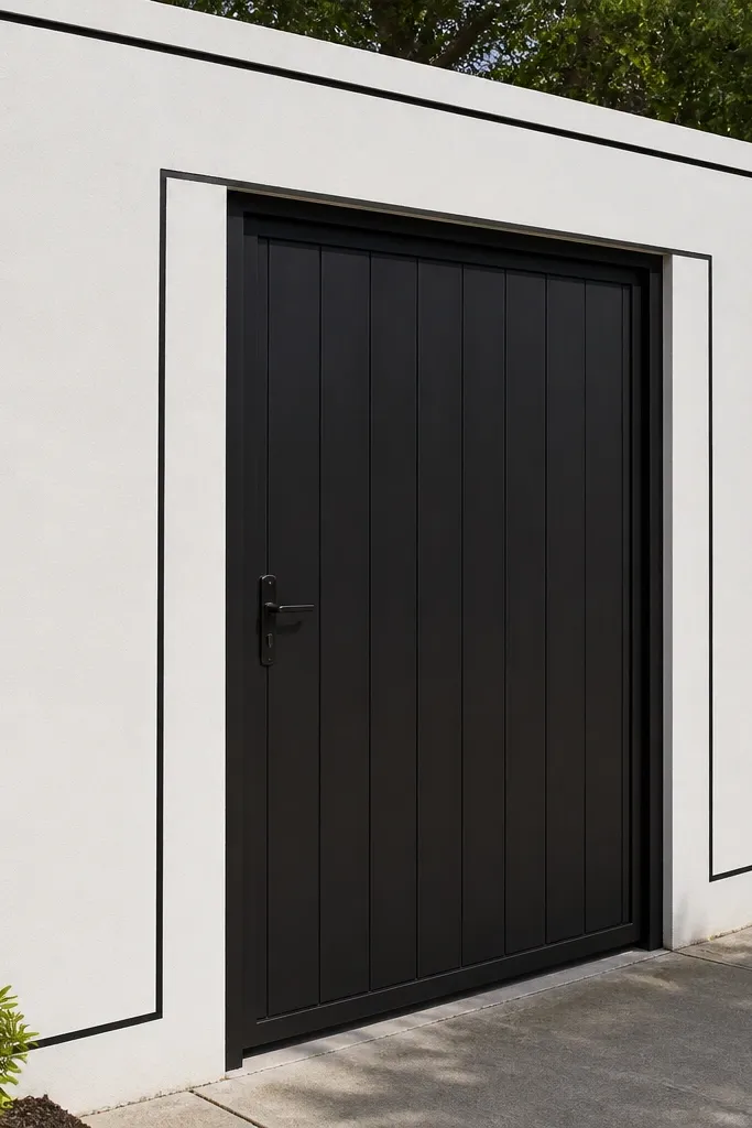 White wall with thin black border lines and a panel gate