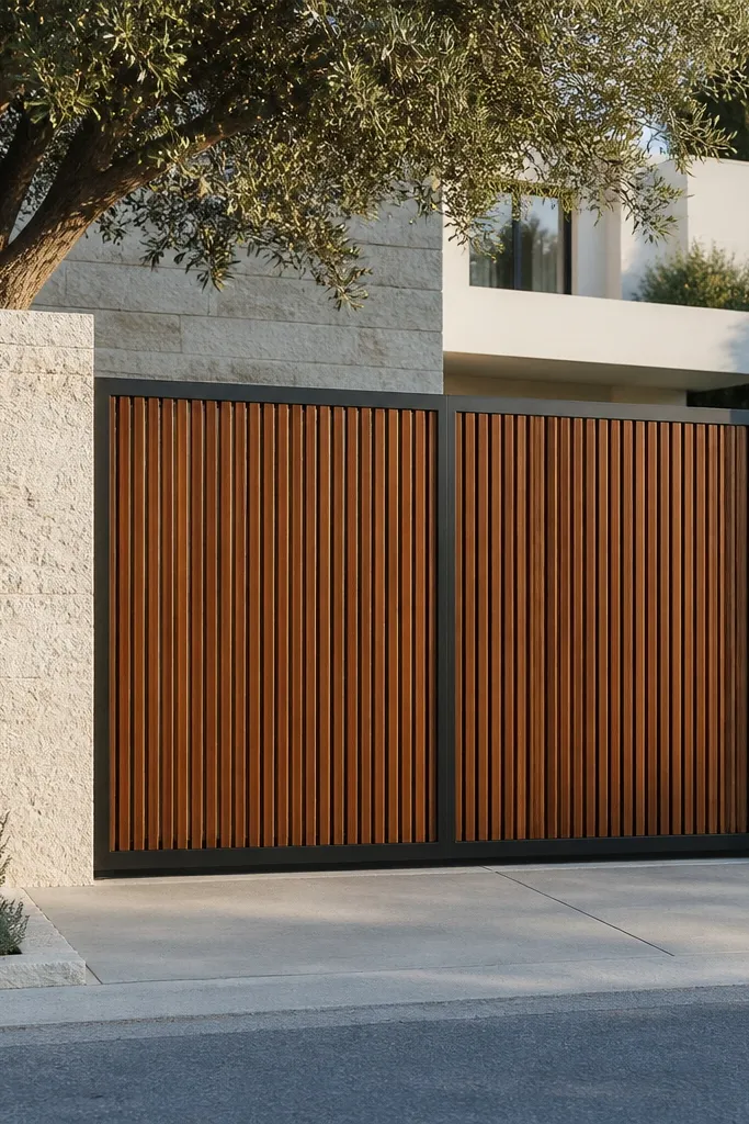 Wood-look slat gate with black frame against a light stone-look wall