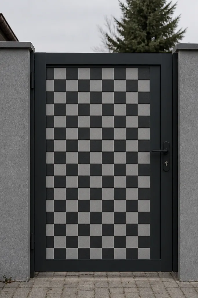 Grey wall with a gate that has a black and grey checker tile inset