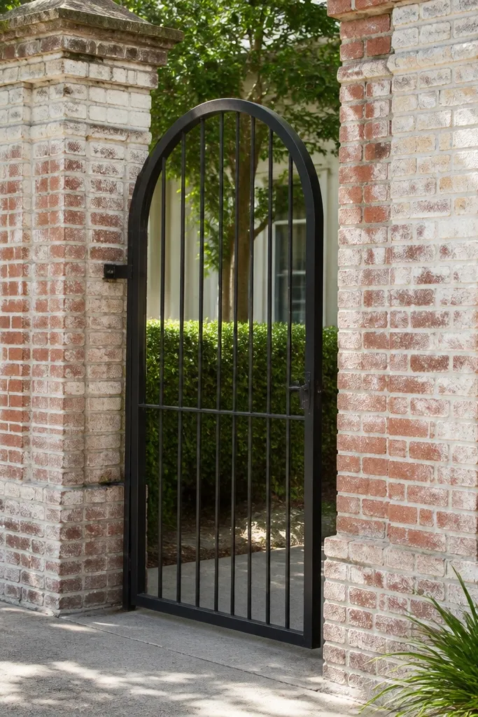 Brick wall with lime-whitewashed pillars and a black arched grill gate