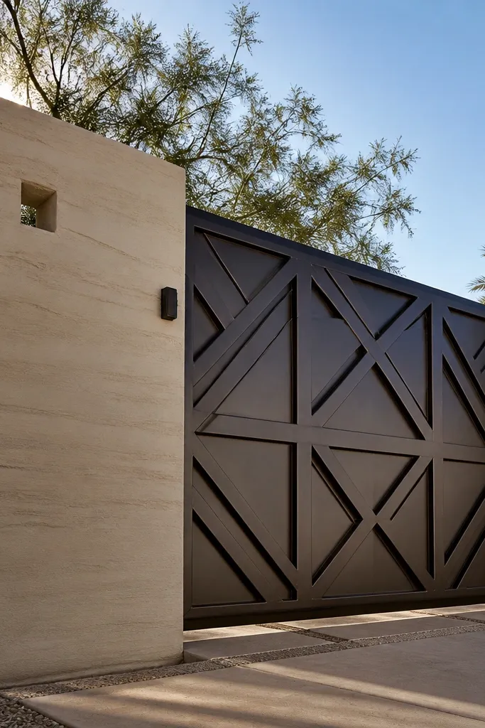 Sand-colored wall with dark bronze gate diagonal cross braces