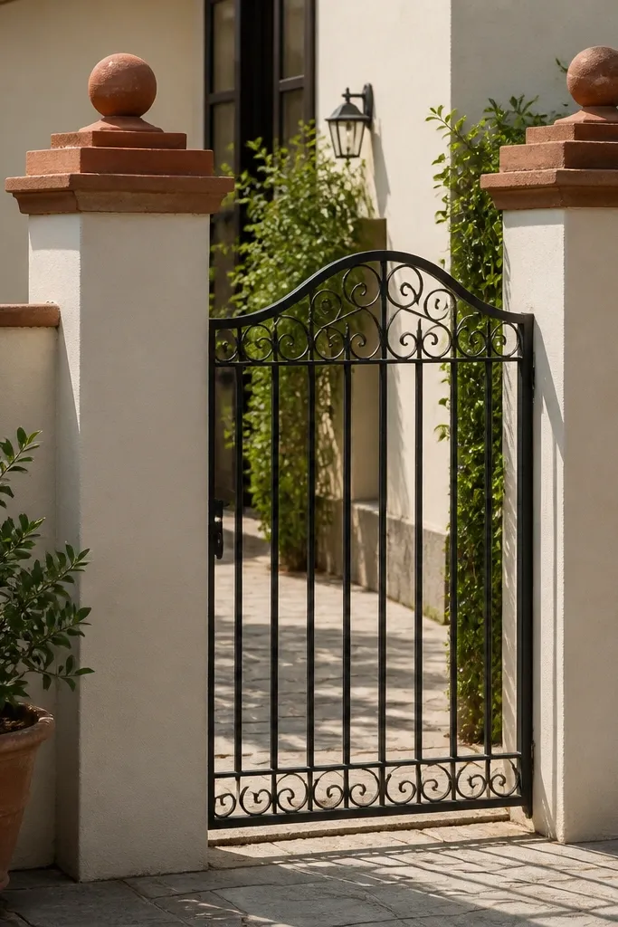 Cream wall with terracotta pillar caps and a black grill gate