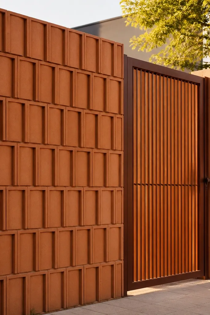 Terracotta block wall with repeating square recesses and a ribbed gate