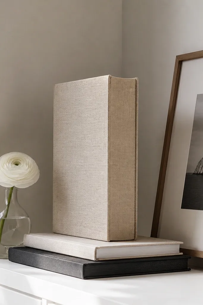 Wood corner shelf with a book stack, small vase, and one framed
