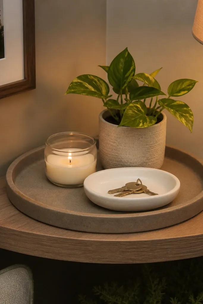 Corner shelf with a round tray holding candles, beads, and a small plant