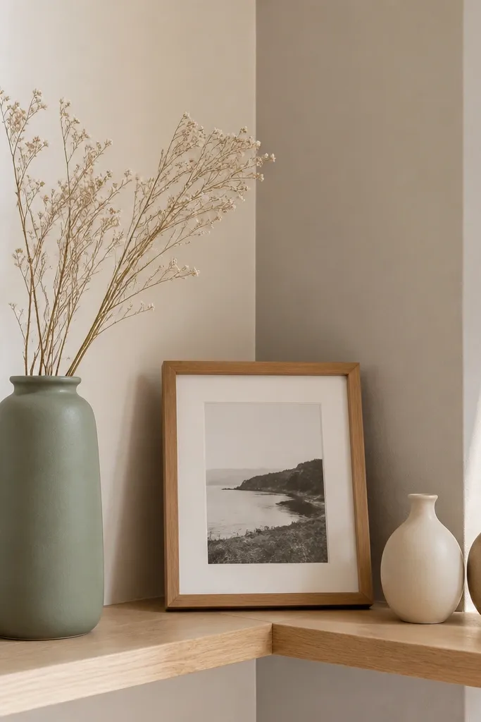 Corner shelf with one tall vase and two small bud vases