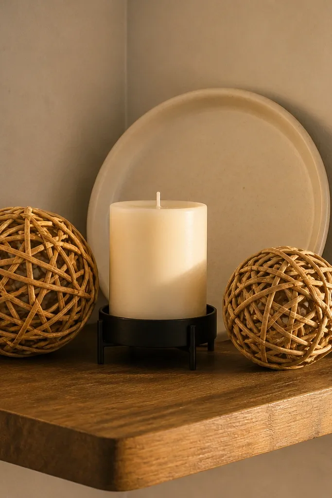 Corner shelf with a rattan ball and a single candle in a holder