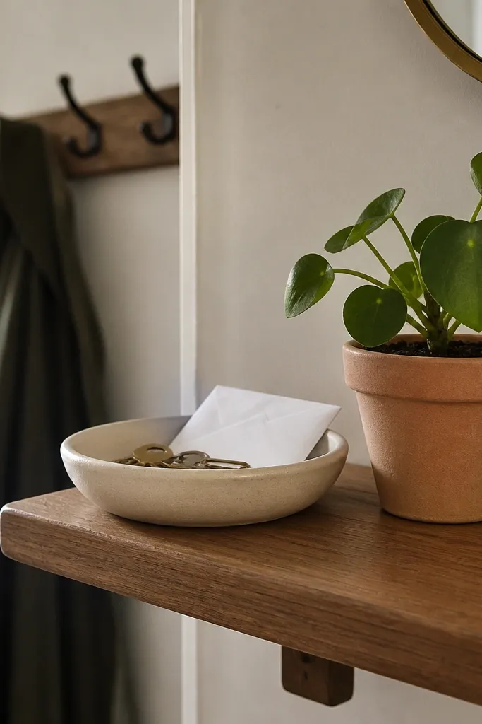 Corner shelf with a ceramic dish and a small plant in a pot