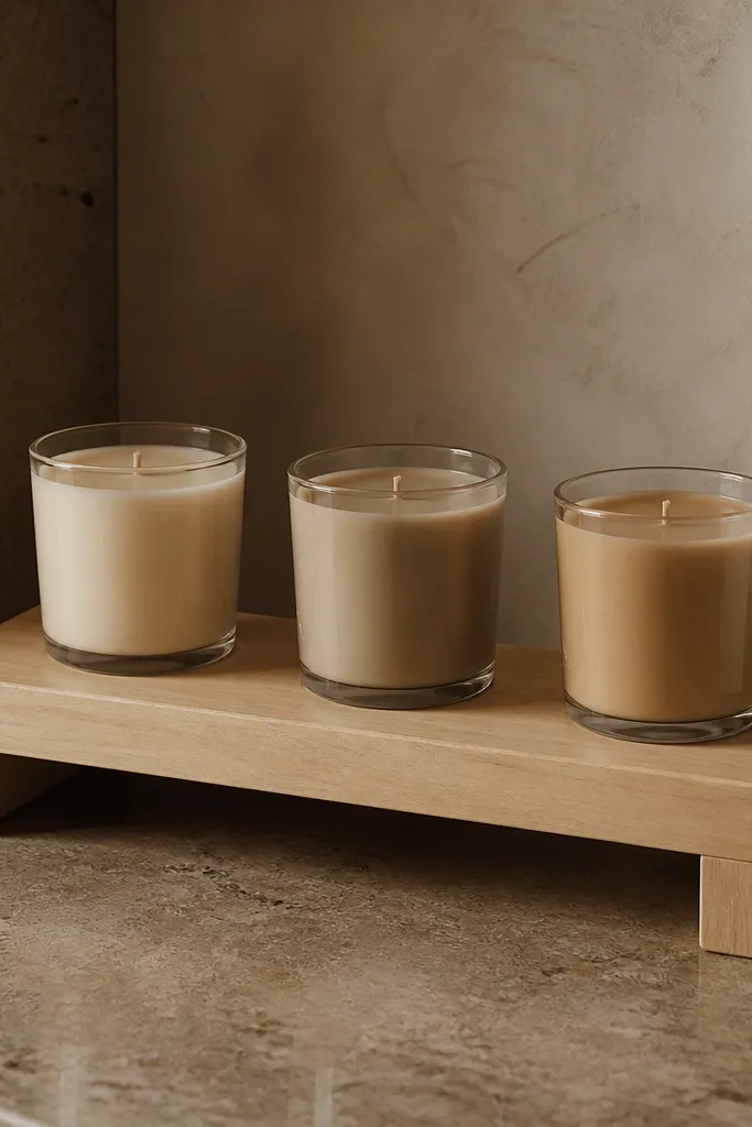 Corner shelf with three candles on a wood riser