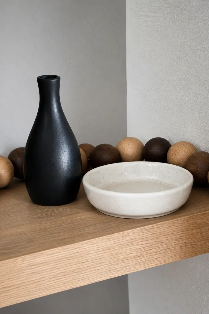 Corner shelf with a wood bead garland draped behind decor