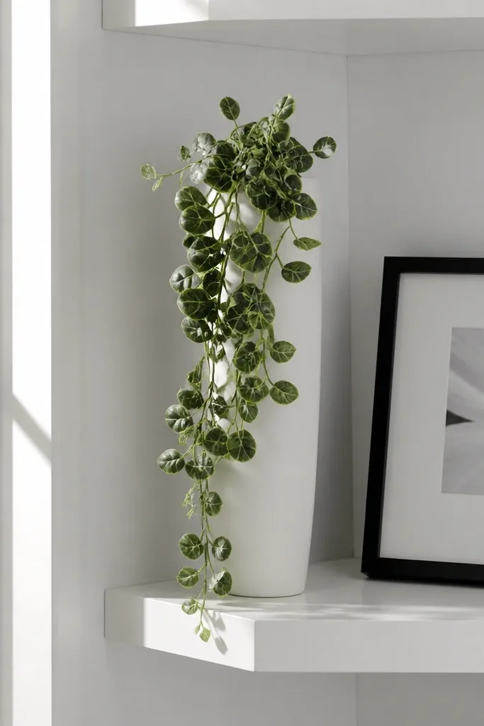 Corner shelf with a slim planter and a single framed print
