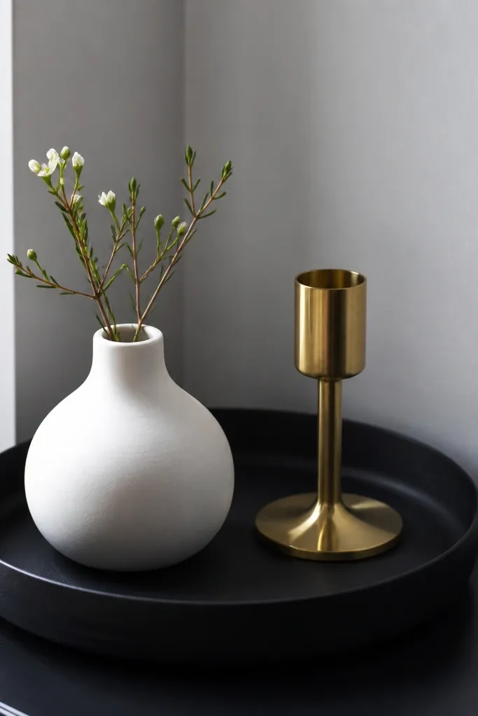 Corner shelf with black decor, white ceramic, and a brass candle holder