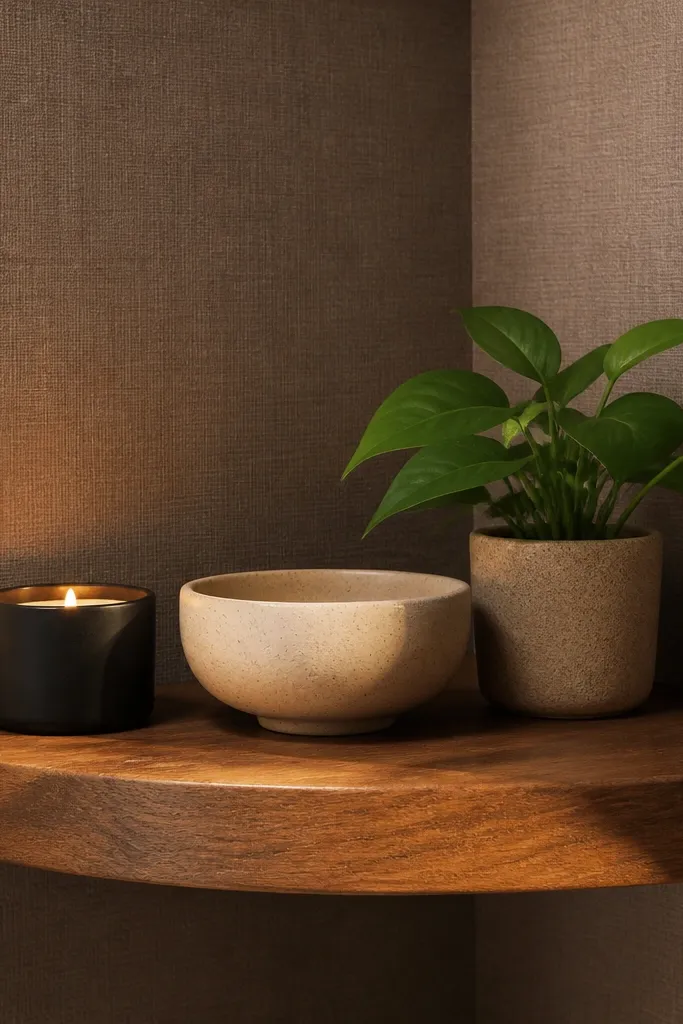 Corner shelf with a subtle patterned backing behind decor objects