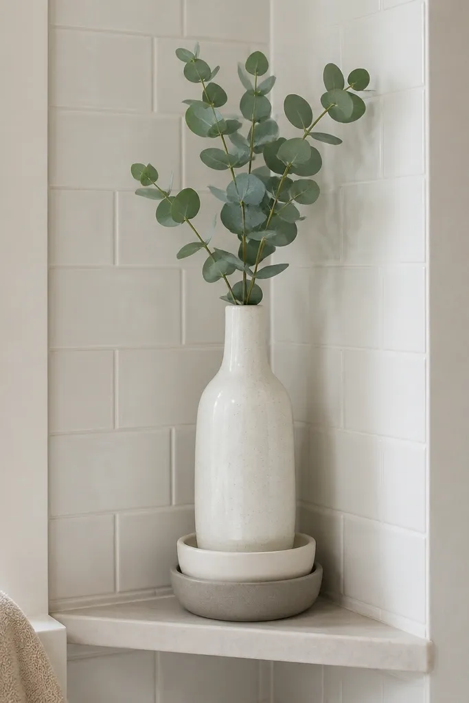 Corner shelf with stacked ceramics and one tall stem vase