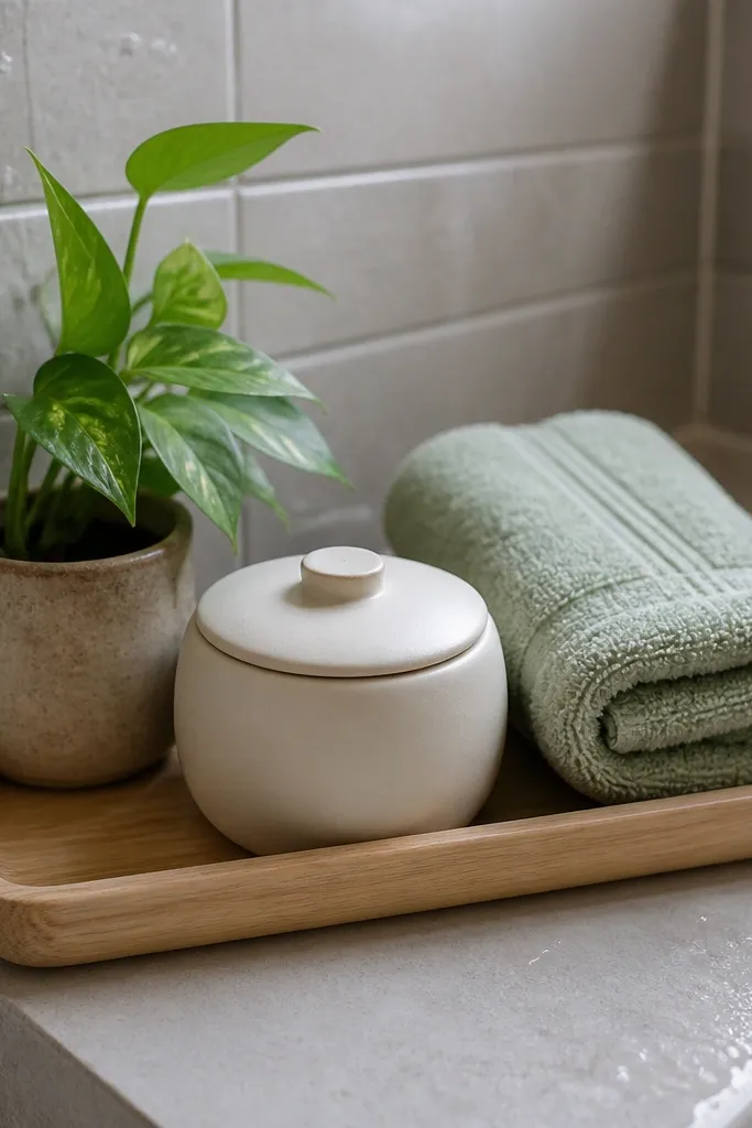 Corner shelf in bathroom with a mini tray, soap dish, and small plant