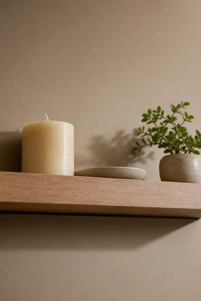 Corner shelf with decor placed to create a shadow gap against the wall