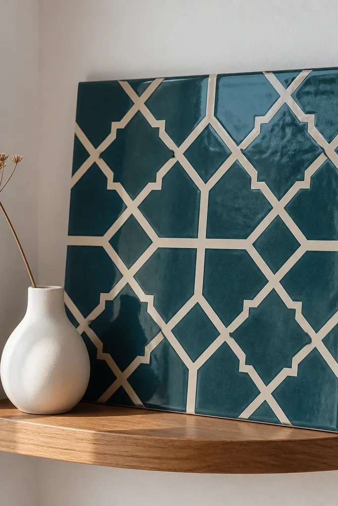 Corner shelf with one large art tile leaning against the wall and small decor below