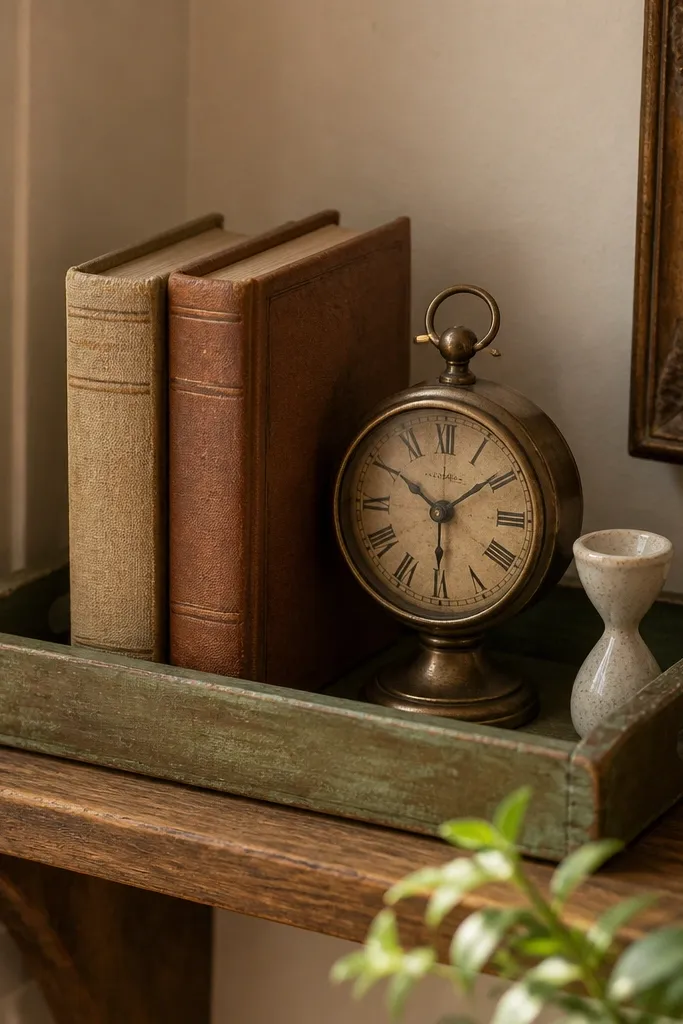 Corner shelf with a tray holding faux books and a small clock
