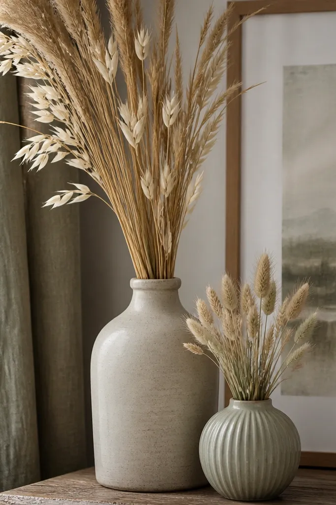 Corner shelf with dried stems in a vase and a second small stem arrangement