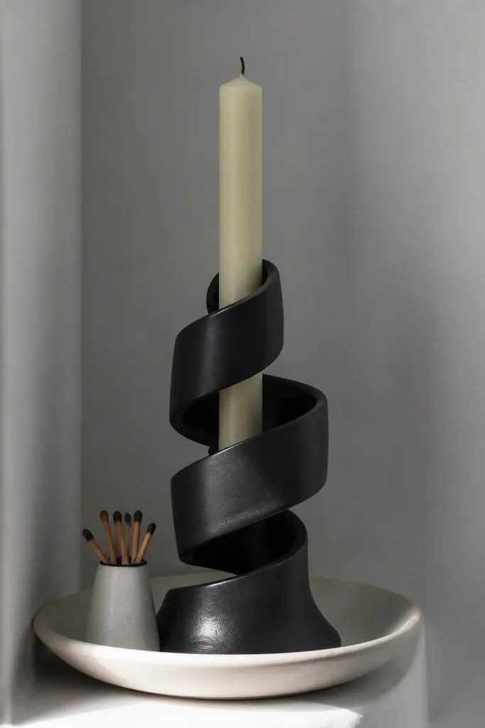 Corner shelf with a matte ceramic dish and a spiral candle holder