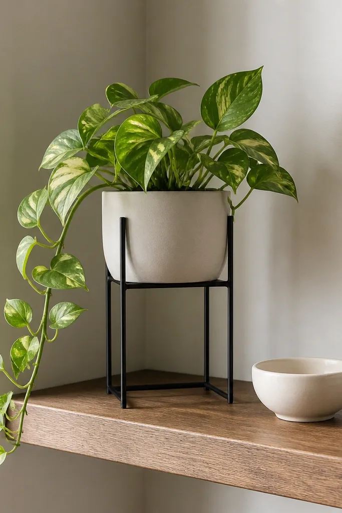 Corner shelf with a small plant on a metal stand and a small ceramic beside it