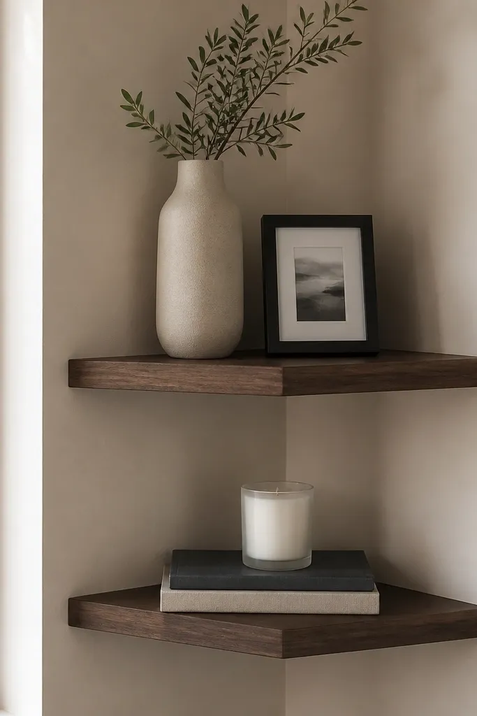 Two corner shelves stacked with matching decor pattern on each level
