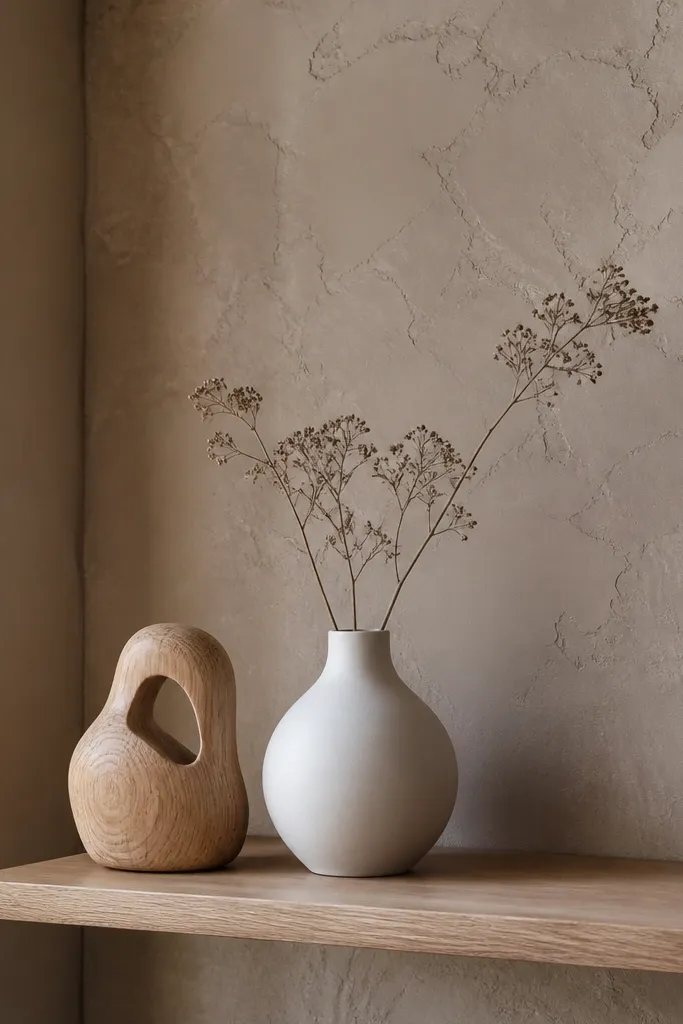 Corner shelf on a textured wall with a small wood sculpture and one vase