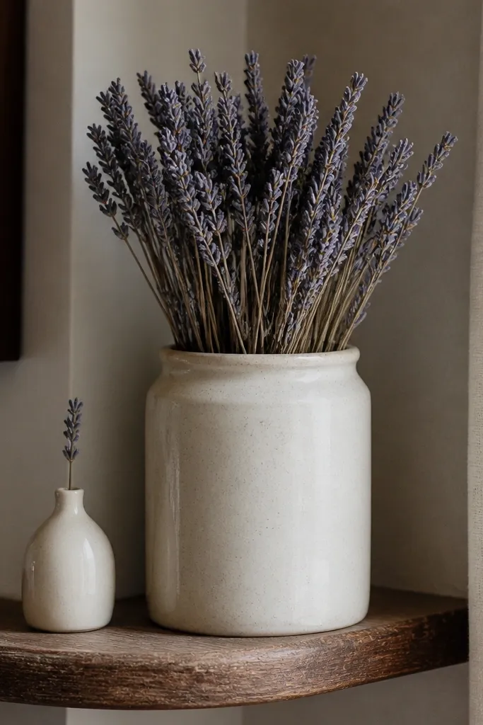 Corner shelf with a ceramic canister and dried lavender stems