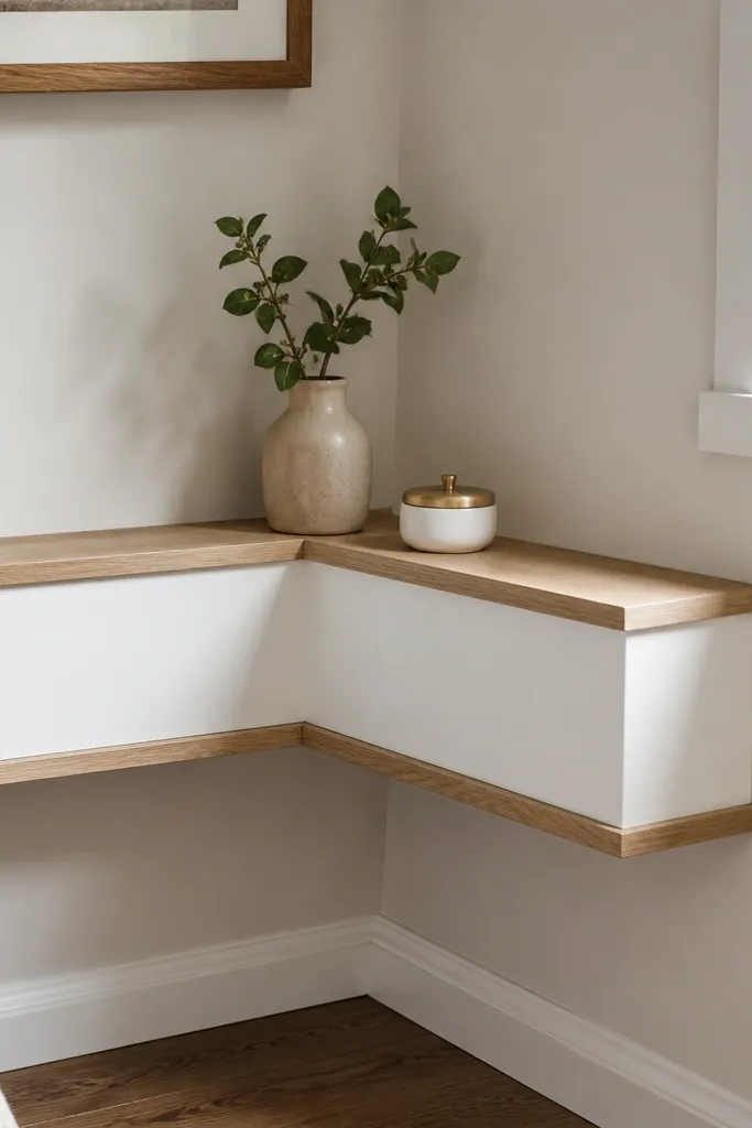 White corner shelf with oak trim and two L-shaped supports