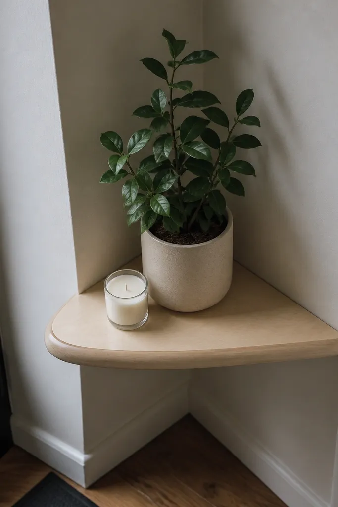 Small triangular corner shelf with a rounded front edge