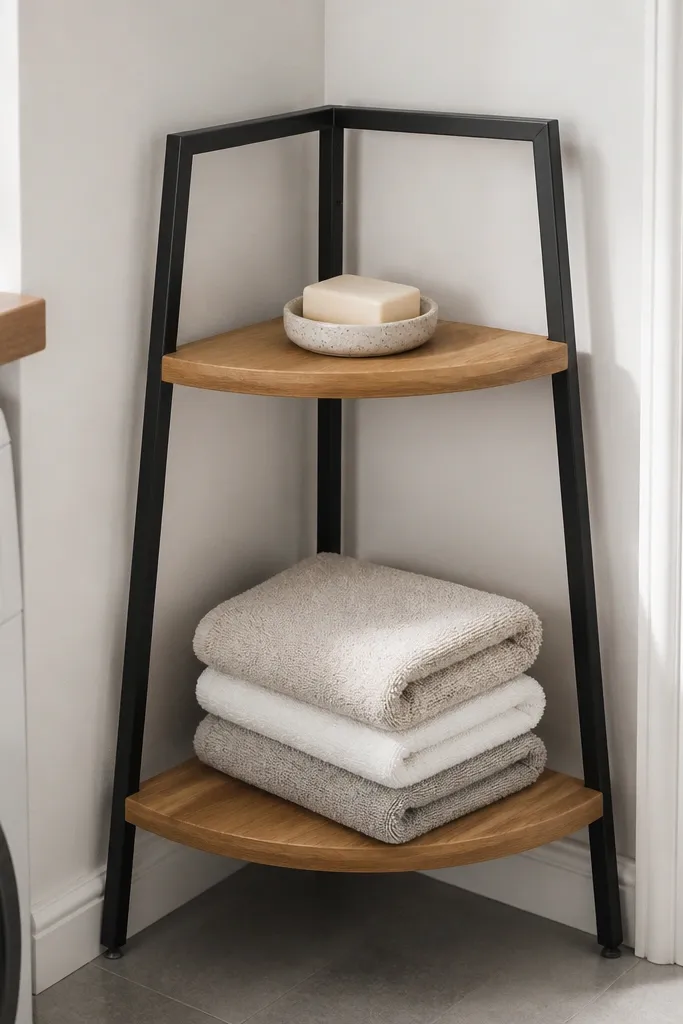 Black metal ladder-style corner shelves with two wooden tiers
