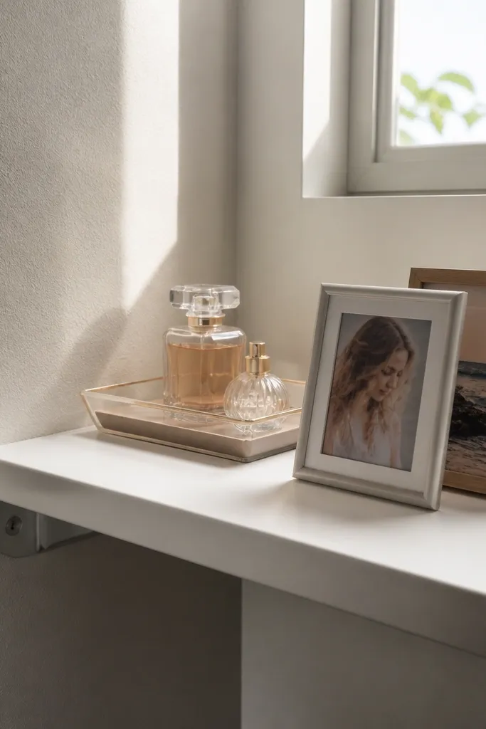 Painted ledge-style corner shelf with a lip and small decor