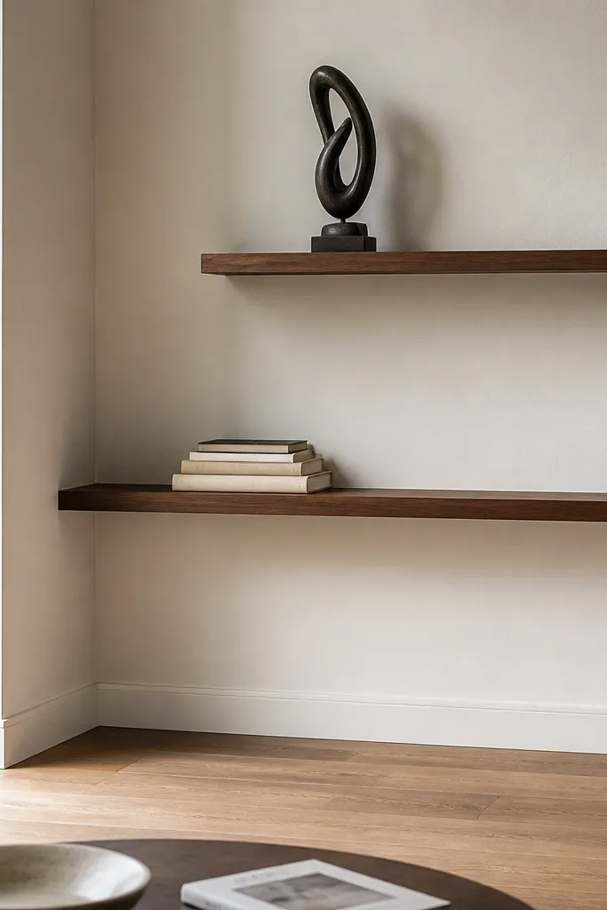 Three staggered corner shelves on one painted back panel