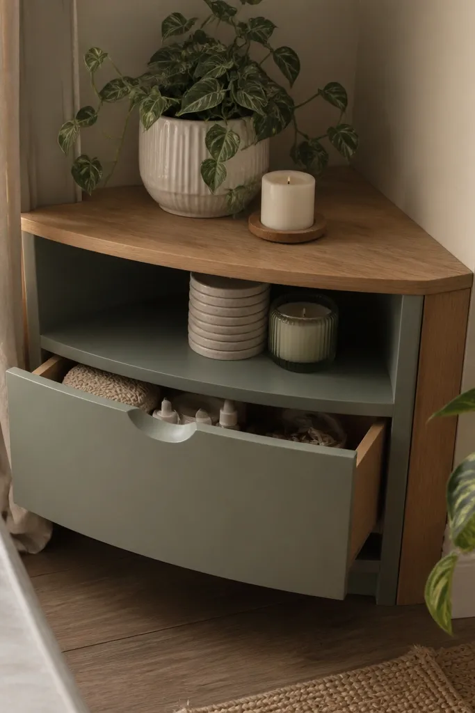 Corner shelf cubby with a small drawer front panel