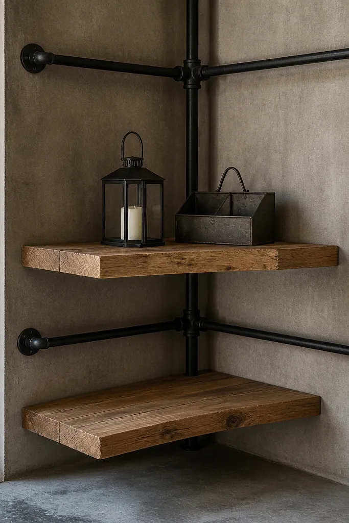 Black pipe rail corner shelves with wood planks