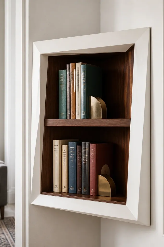 Corner bookshelf with a framed face and angled edges