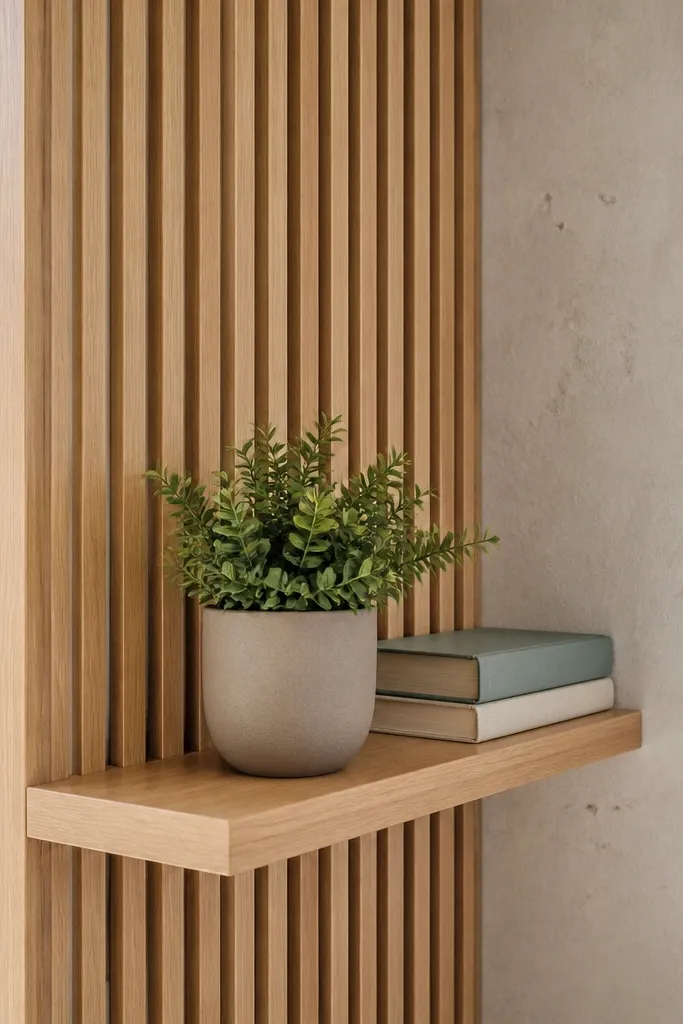 Corner shelf with vertical wood slats behind the shelf