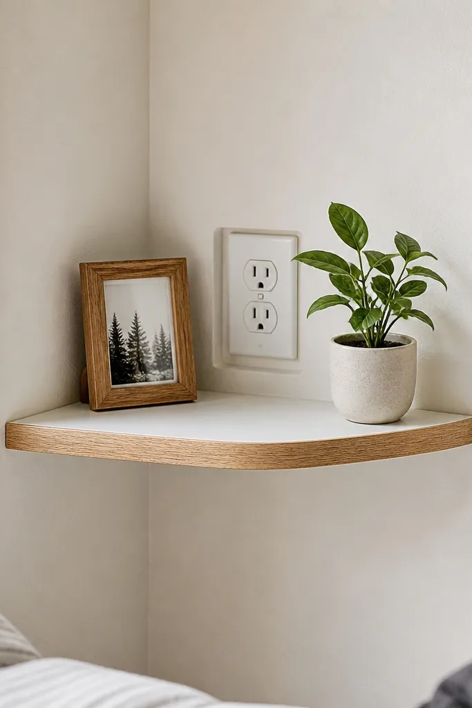 Corner shelf that leaves space behind for an outlet