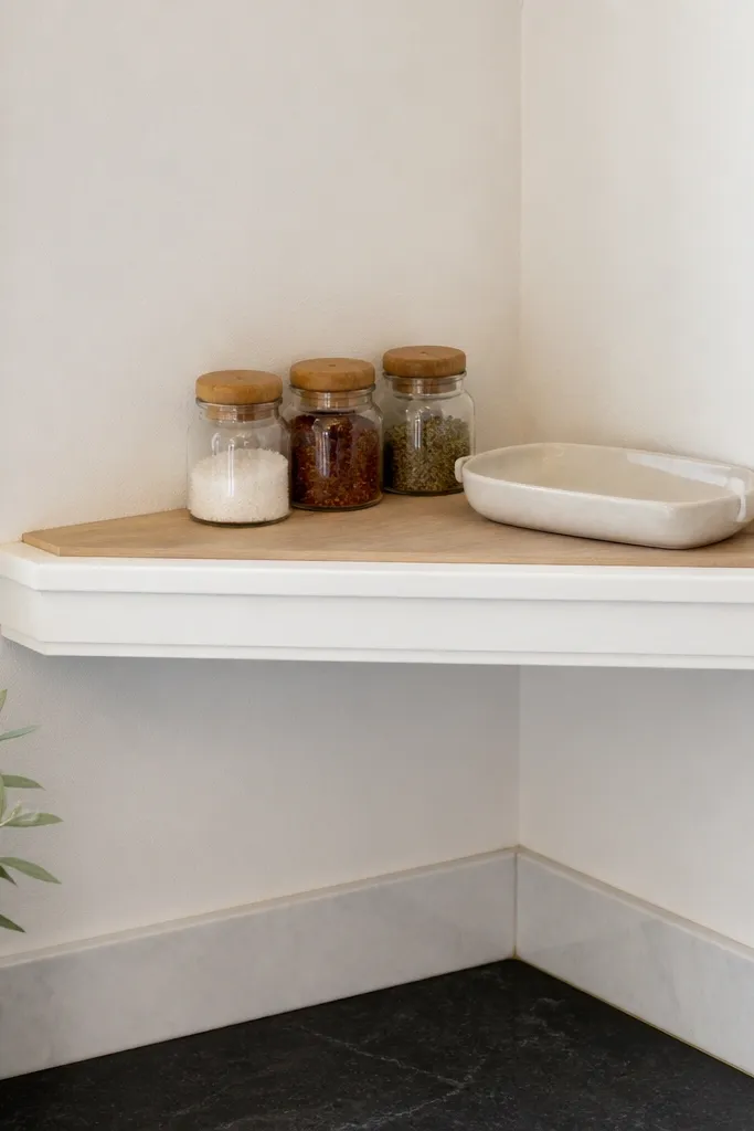 Floating corner shelf with double trim borders and clean edges