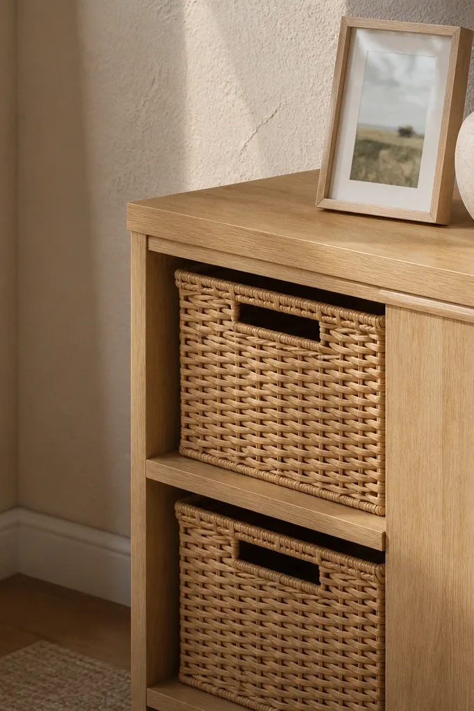 Corner shelf with woven baskets sitting inside square openings