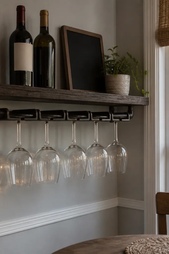 Corner shelf with a small rack holding upside-down wine glasses