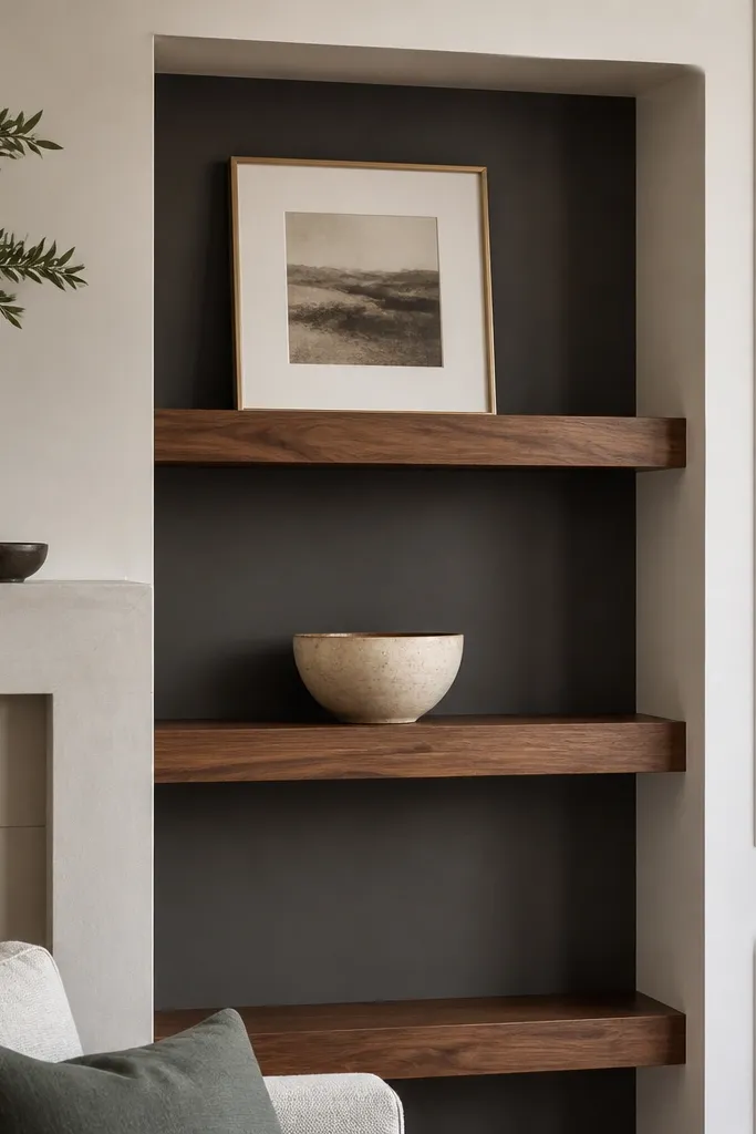 Corner shelf unit with a recessed back panel and framed decor