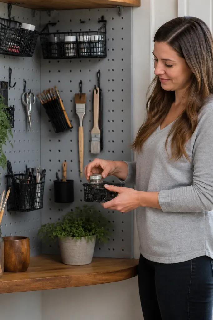 Corner shelf with pegboard back and small hooks holding items