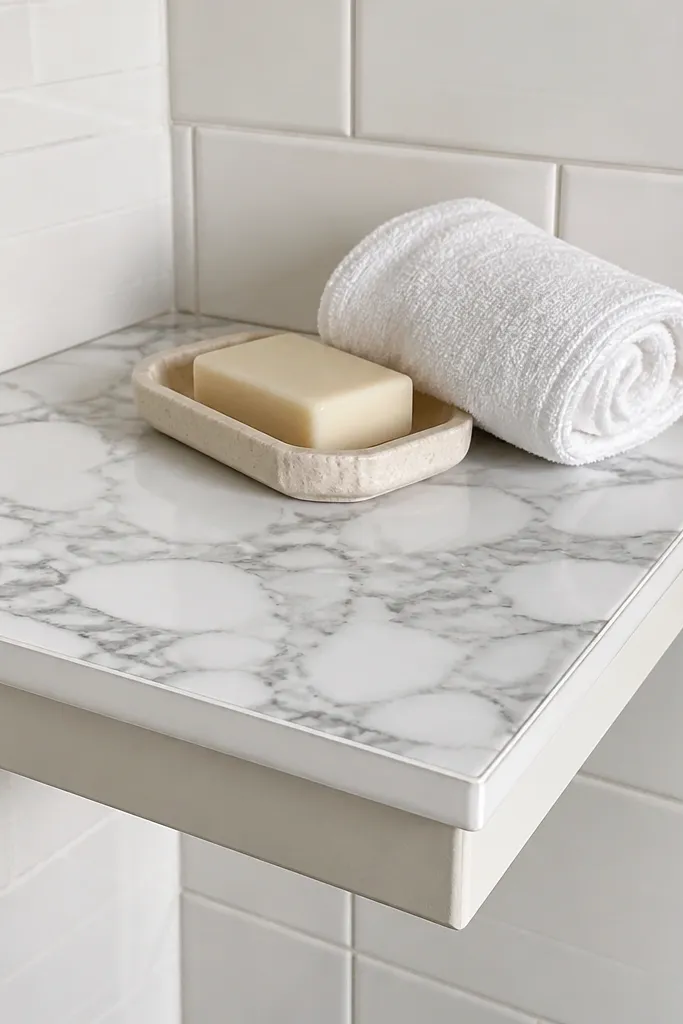 Corner shelf with a marble-look top and painted base