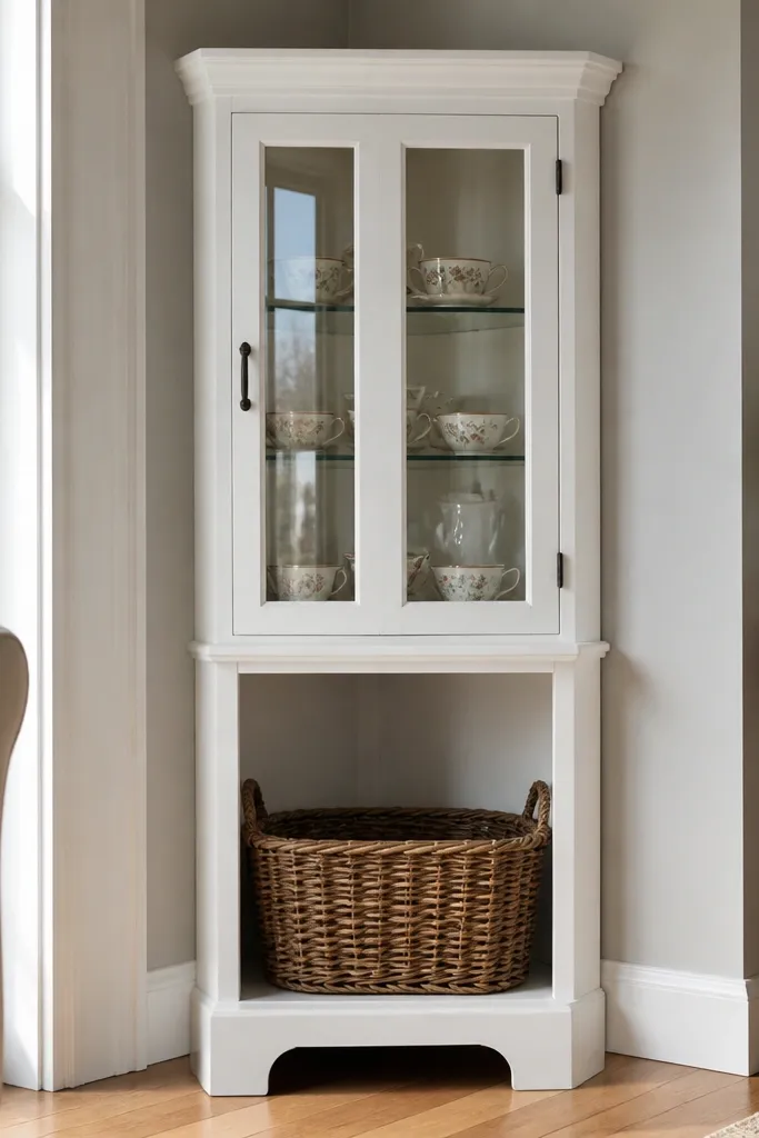 Corner shelf with a glass-front cabinet above an open shelf