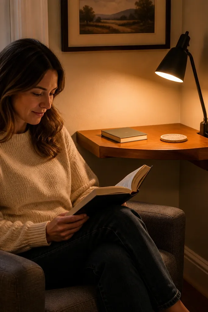 Corner shelf with a small clip to hold a lamp and a book display
